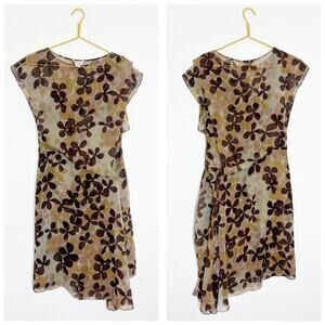 Vintage Y2K MaxAzria Silk Floral Asymmetrical Dress Size 6 Brown Sheer